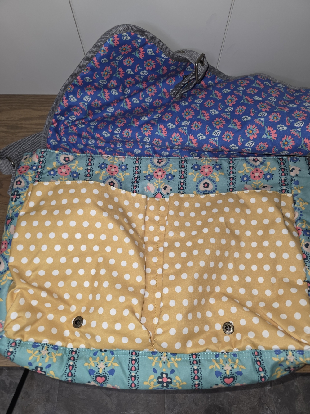 Matilda Jane Teal Floral and Yellow Polka Dot Shoulder Diaper Bag. - Picture 5 of 8